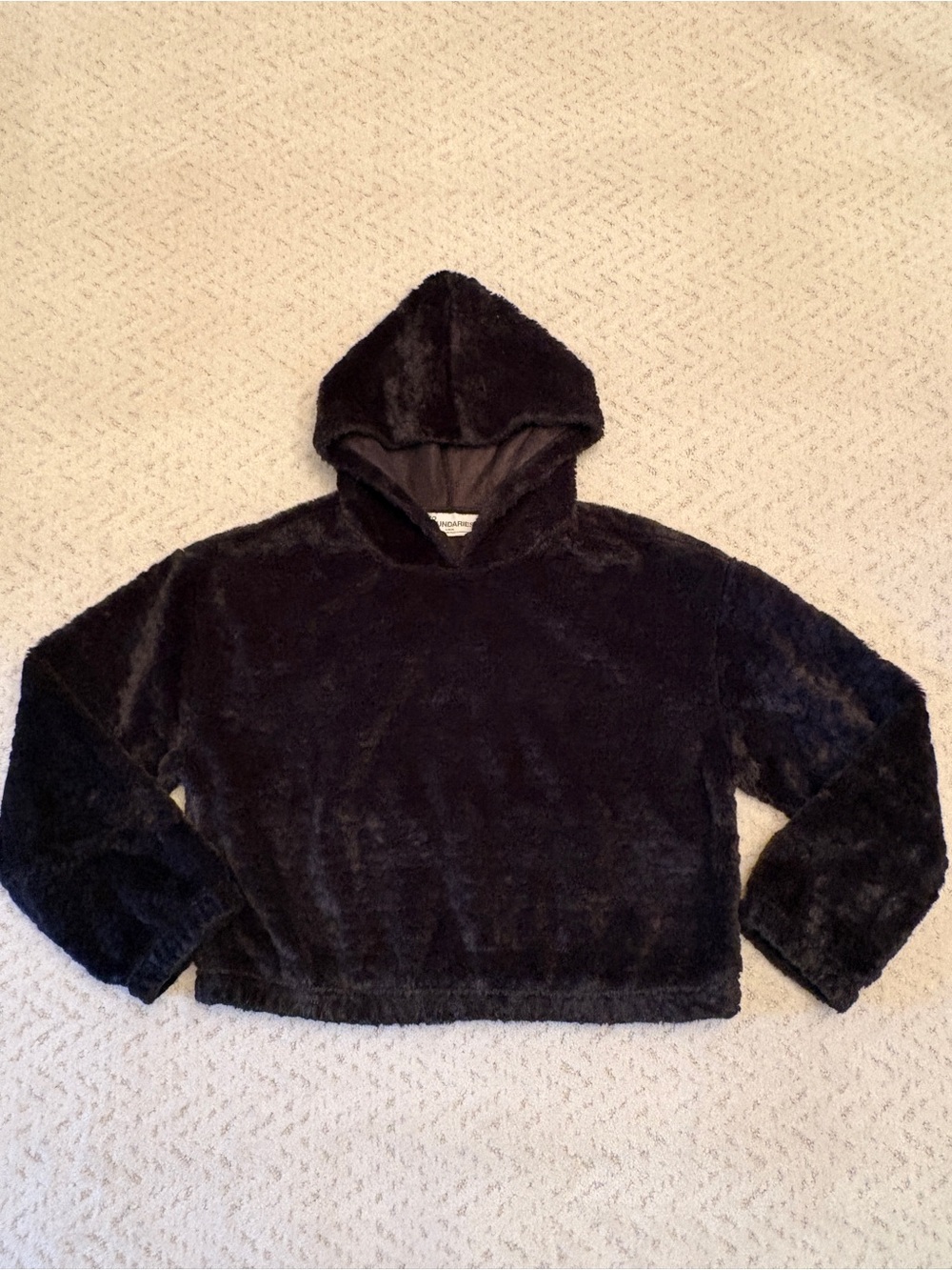 NoBo Faux Fur Plush Pullover Hoodie Size L Oversized Black Cropped Teddy Bear